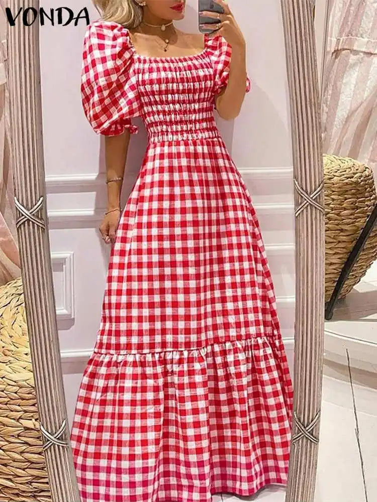 VONDA Summer Sundress Bohemian Long Maxi Dress 2023 Women Short Puff Sleeve Plaid Casual Sexy Square Collar Party Beach Robe Elegant Pleated Maxi Dress VONDA Summer Sundress Bohemian Long Maxi Dress 2023 Women Short Puff Sleeve Plaid Casual Sexy Square Collar Party Beach Robe Elegant Pleated Maxi Dress