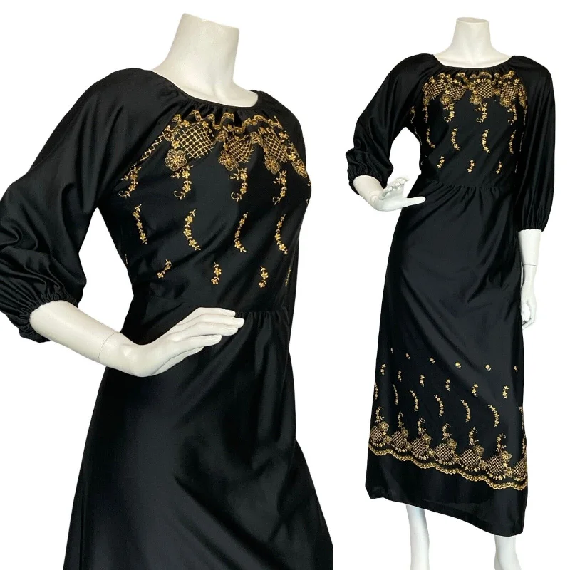 VTG 70S BLACK GOLD FLORAL EMBROIDERY BOAT NECK HIPPY PARTY MAXI DRESS 10 12 Chic Summer Maxi Dress VTG 70S BLACK GOLD FLORAL EMBROIDERY BOAT NECK HIPPY PARTY MAXI DRESS 10 12 Chic Summer Maxi Dress