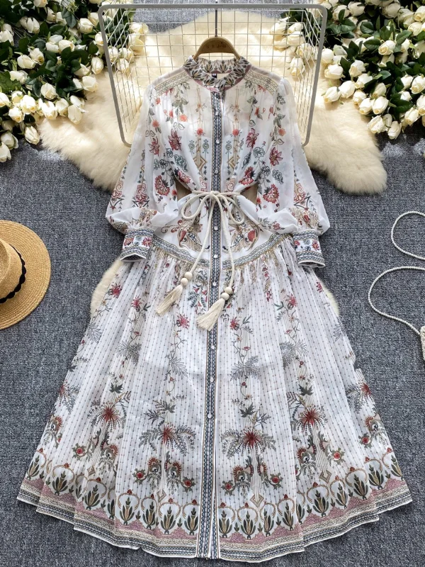Waist Tie Full-Length Sleeves Floral Maxi Dress Fashionable Open-Back Maxi Dress