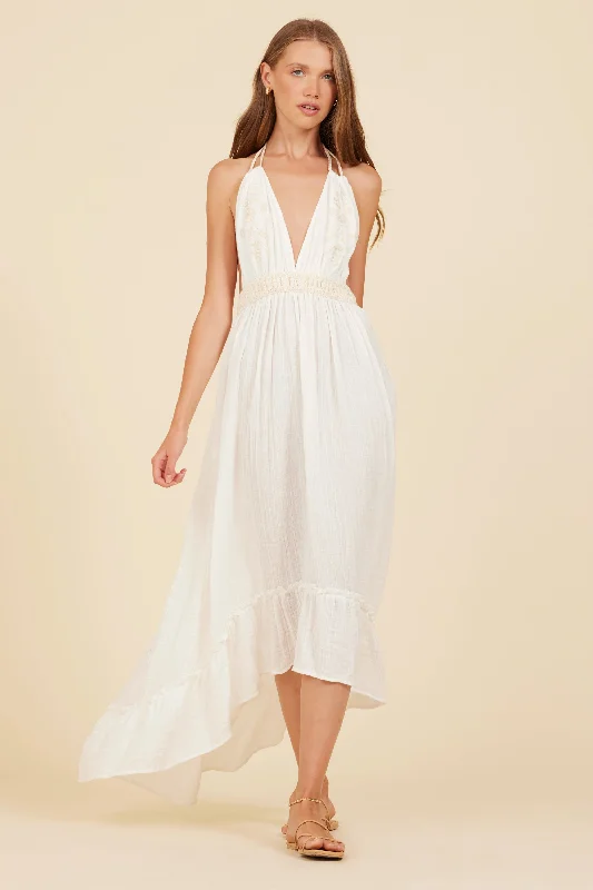 White & Natural Gauze Embroidered Halter Maxi Dress Comfortable Satin Maxi Dress