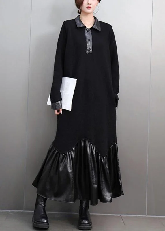 Women Black Peter Pan Collar Patchwork Button Maxi Dresses Spring Comfortable Casual Maxi Dress Women Black Peter Pan Collar Patchwork Button Maxi Dresses Spring Comfortable Casual Maxi Dress