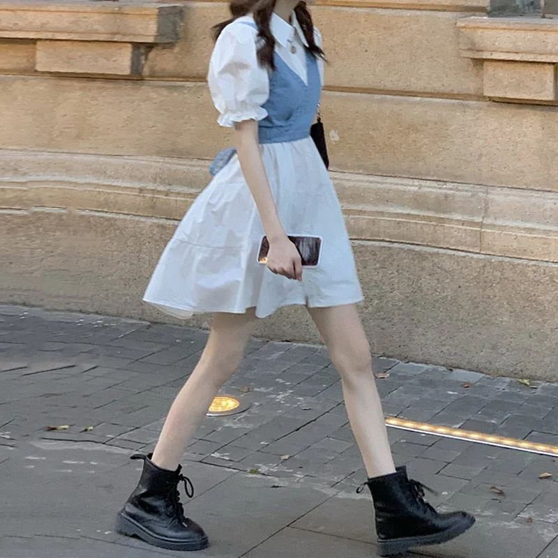 Lizakosht 2 Piece Set Women Summer High Waist Dress  Denim Camisole + Mini Dress Elegant Puff Sleeve A-line Dress Vintage Slim Dresses Casual Mini Dress with Pockets