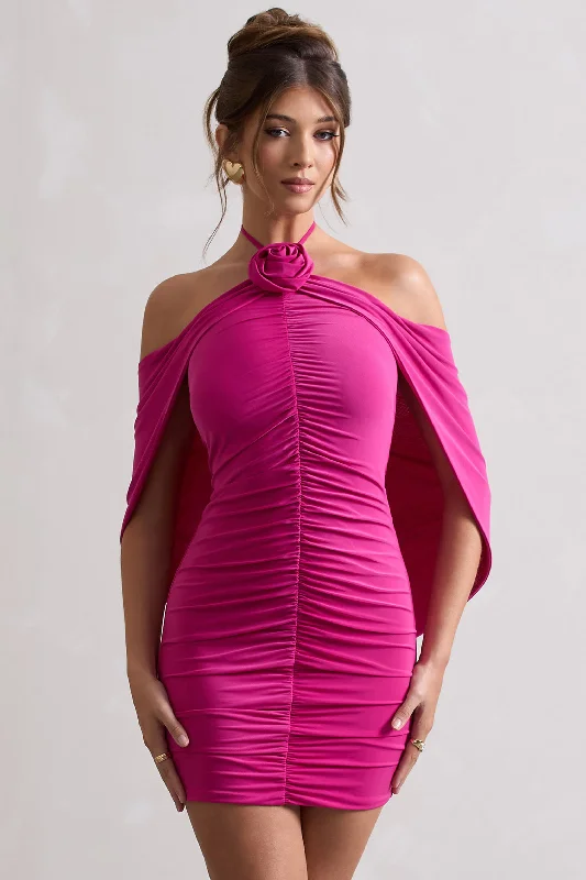 Adriana | Dark Pink Ruched Halter-Neck Draped Mini Dress With Corsage Cozy Jersey Mini Dress