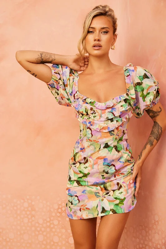 Alora Mini Dress - Green Multi Cozy Ruched Mini Dress