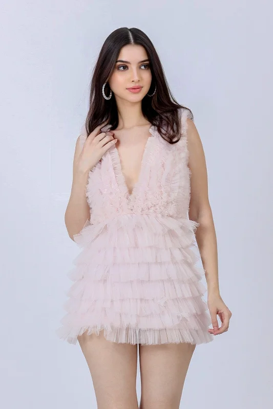 Angel Powder Pink Tulle Mini Dress Elegant Floral-Print Mini Dress