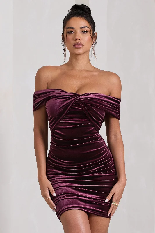 Appreciate | Port Velvet Twisted Bardot Ruched Mini Dress Fashionable Mini Dress with Frills Appreciate | Port Velvet Twisted Bardot Ruched Mini Dress Fashionable Mini Dress with Frills