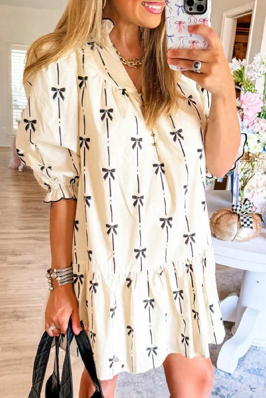 Beige Cute Bowknot Printed Bubble Sleeve V Neck Mini Dress Fashionable Lace-Trim Mini Dress