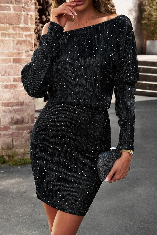 Black Sequin Long Sleeve Slim Fit Party Mini Dress Elegant Vintage Mini Dress