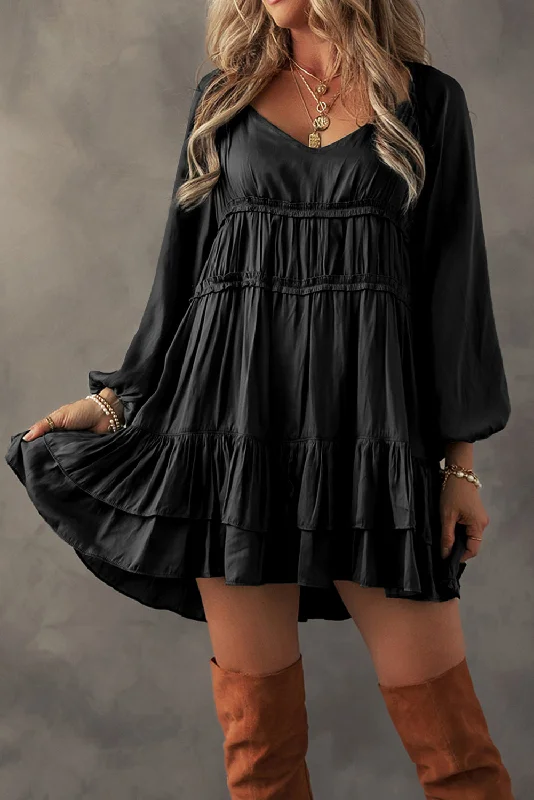 Black Tiered Ruffled Puff Sleeve Loose Fit Mini Dress Stylish Spaghetti Strap Mini Dress Black Tiered Ruffled Puff Sleeve Loose Fit Mini Dress Stylish Spaghetti Strap Mini Dress