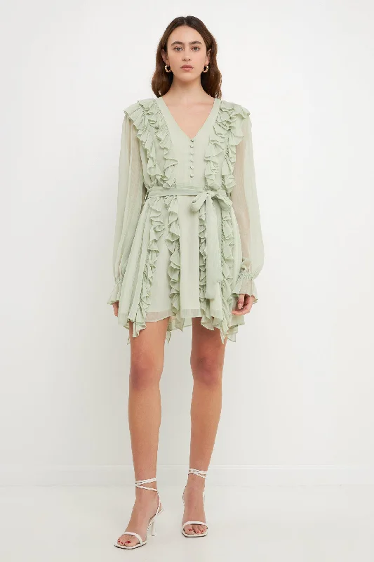Endless Rose - Button Down Ruffle Mini Dress Elegant Lace Mini Dress
