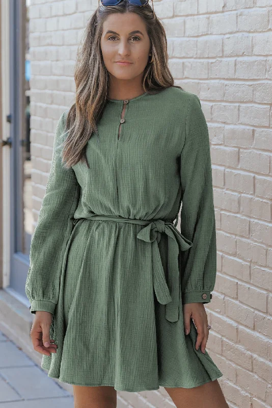Button Neck Belted Pleated Mini Dress Casual High-Waist Mini Dress