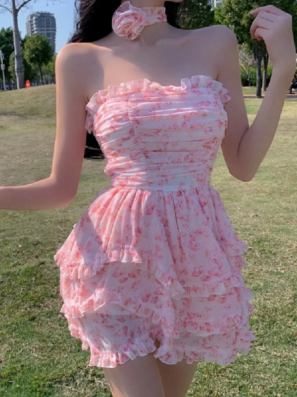 Casual Strapless Sexy Summer Dresses For Women 2022 Korean Floral Print Chiffon Beach Holiday Mini Dress Elegant Party Dress Chic Halter Mini Dress