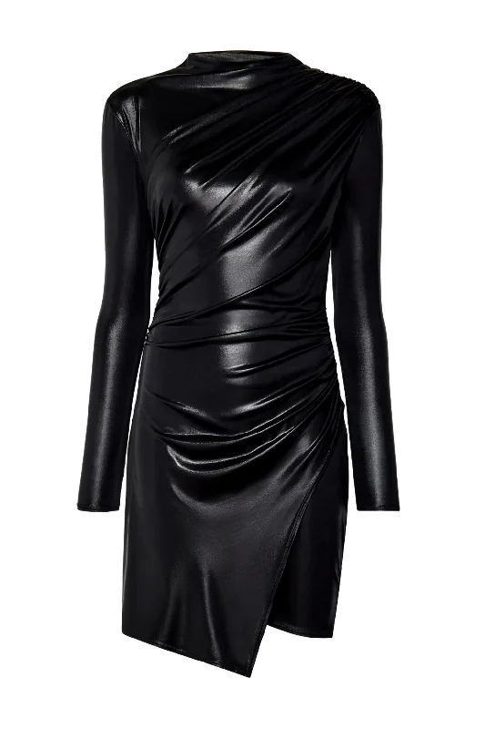 Coated Jersey Draped Mini Dress | Black Trendy Denim Mini Dress