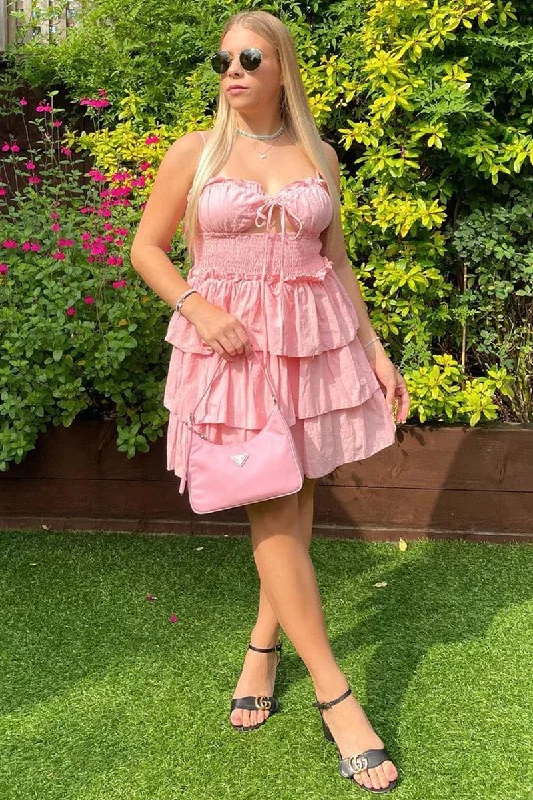 Pink Frill Detail Tiered Cut Out Mini Dress - Daneen Elegant Satin Lace Mini Dress