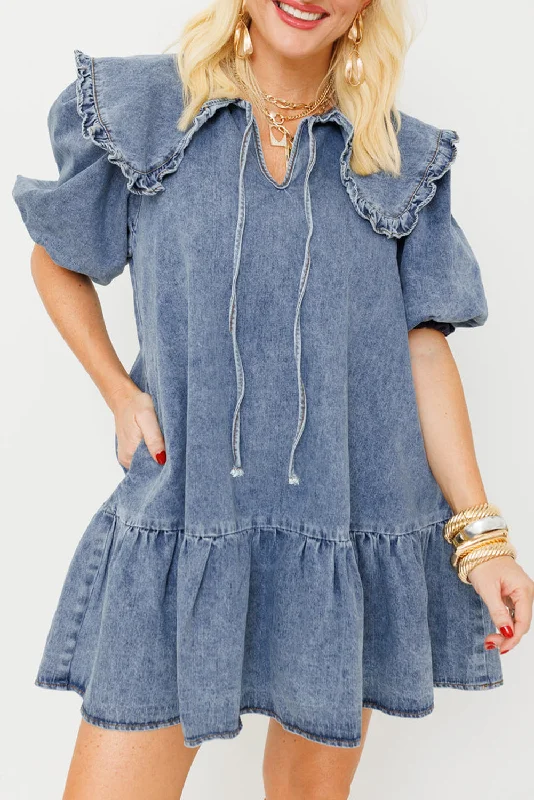 Dusk Blue Ruffled Collared Side Pockets Puff Sleeve Denim Mini Dress Stylish Ruffle Mini Dress Dusk Blue Ruffled Collared Side Pockets Puff Sleeve Denim Mini Dress Stylish Ruffle Mini Dress
