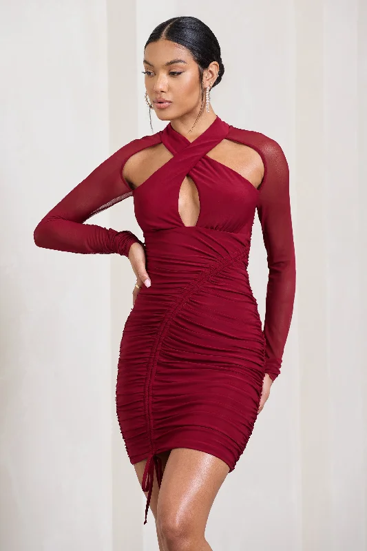 Eyes On You | Berry Long Sleeve Halter Neck Mini Dress Stylish Summer Mini Dress