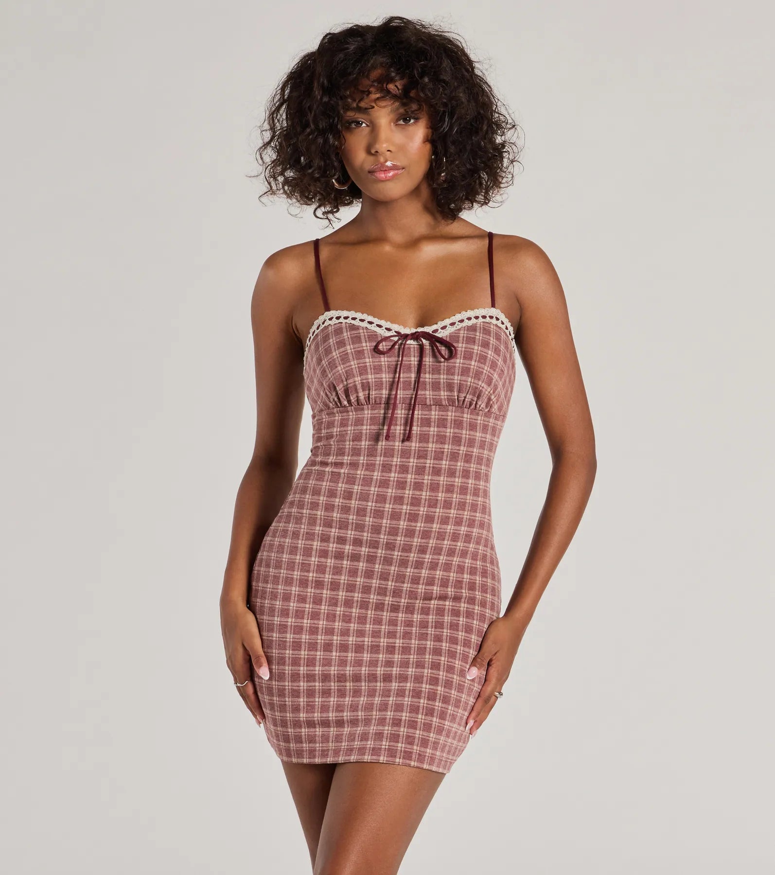 Flirty Silhouette Lace Trim Plaid Mini Dress Trendy Floral Mini Dress