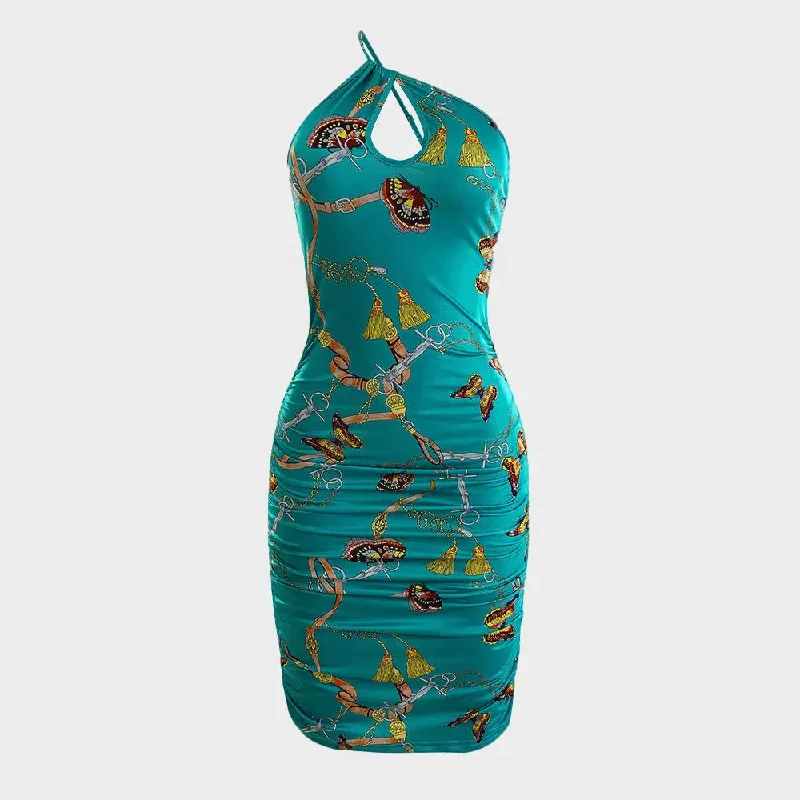 Halter Printed One Shoulder Mini Dress Cozy Long Sleeve Mini Dress
