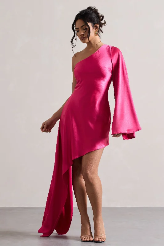 Hanna | Hot Pink One Shoulder Asymmetric Draped Satin Mini Dress Classic Solid Mini Dress Hanna | Hot Pink One Shoulder Asymmetric Draped Satin Mini Dress Classic Solid Mini Dress