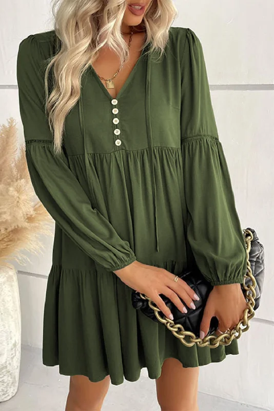 Lace Puff Sleeve Tiered Ruffled Mini Dress Fashionable Button-Front Mini Dress
