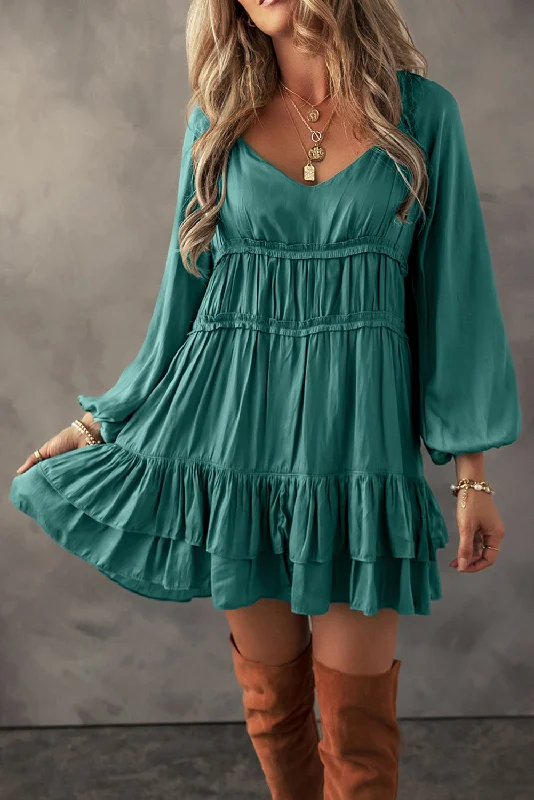 Mist Green Tiered Ruffled Puff Sleeve Loose Fit Mini Dress Comfortable Linen Mini Dress Mist Green Tiered Ruffled Puff Sleeve Loose Fit Mini Dress Comfortable Linen Mini Dress