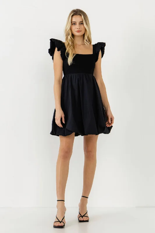 Endless Rose - Mix Media Balloon Detail Mini Dress Elegant Satin Lace Mini Dress