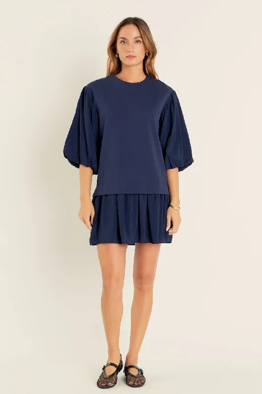 English Factory - Mixed Media Blouson Mini Dress Cozy Cowl Neck Mini Dress