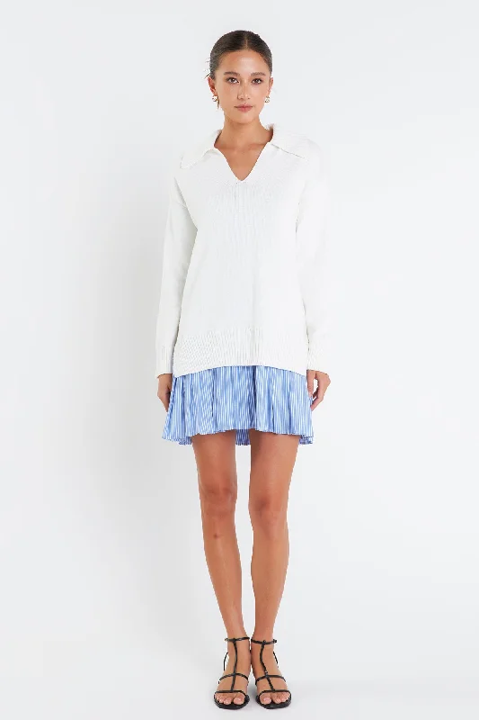 English Factory - Mixed Media Pleated Mini Dress Comfortable Linen Mini Dress