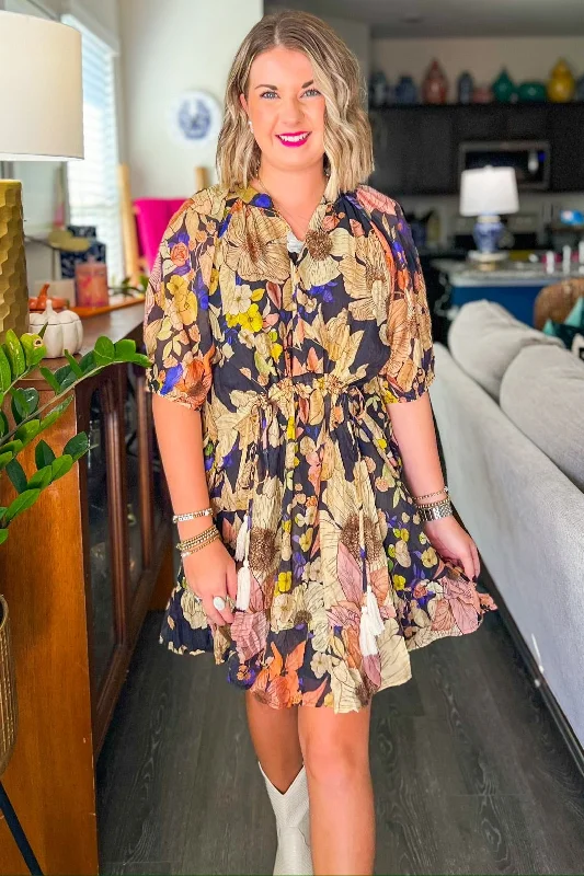 Morning Blooms Mini Dress - Black Comfortable Linen Mini Dress