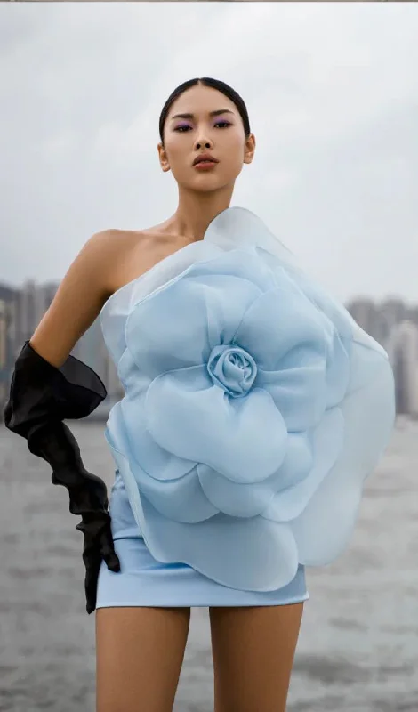 ONE SHOULDER FLOWER MINI DRESS IN BLUE Fashionable Party Mini Dress