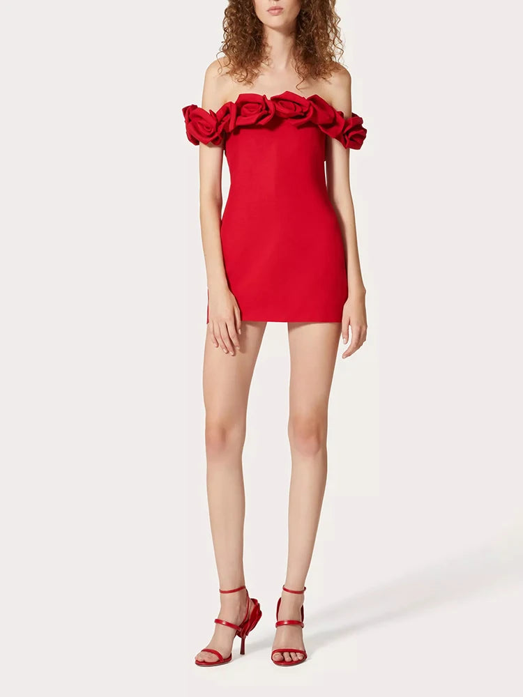 Off Shoulder Patchwork 3D Rose Mini Dress Cozy T-Shirt Mini Dress