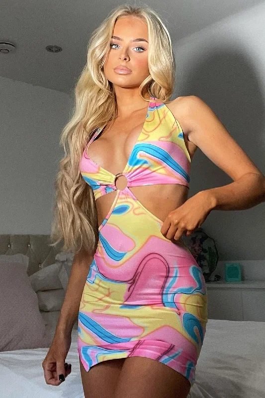 Pink Marble Cut Out Ring Detail Halter Neck Mini Dress - Joanie Trendy Button-Detail Mini Dress Pink Marble Cut Out Ring Detail Halter Neck Mini Dress - Joanie Trendy Button-Detail Mini Dress