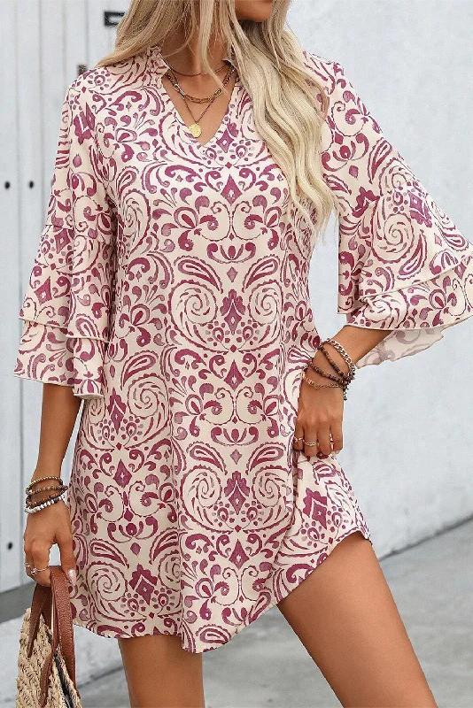 Pink Paisley Print Tiered 3/4 Sleeve Notched Neck Mini Dress Casual Mini Dress with Pockets