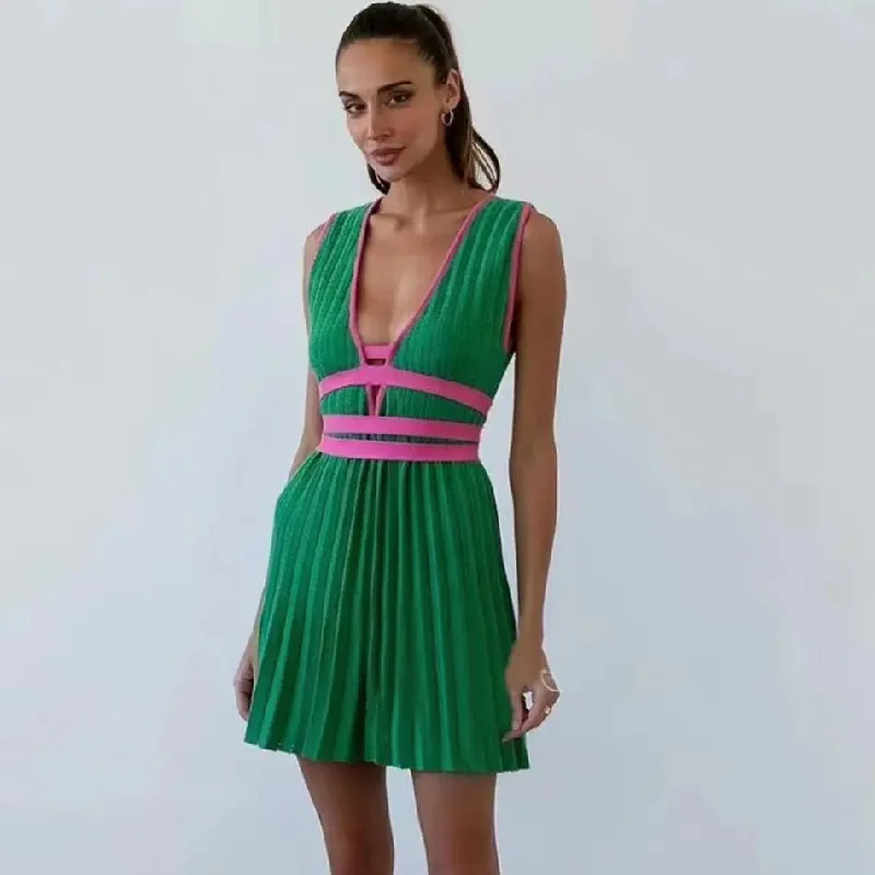 Pleated Belted Tie Mini Dresses Stylish Sweetheart Neck Mini Dress