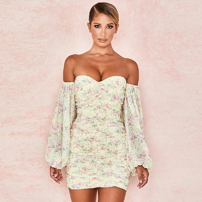 Printed Chest Bubble Sleeve Mini Dress Classic Floral Print Mini Dress