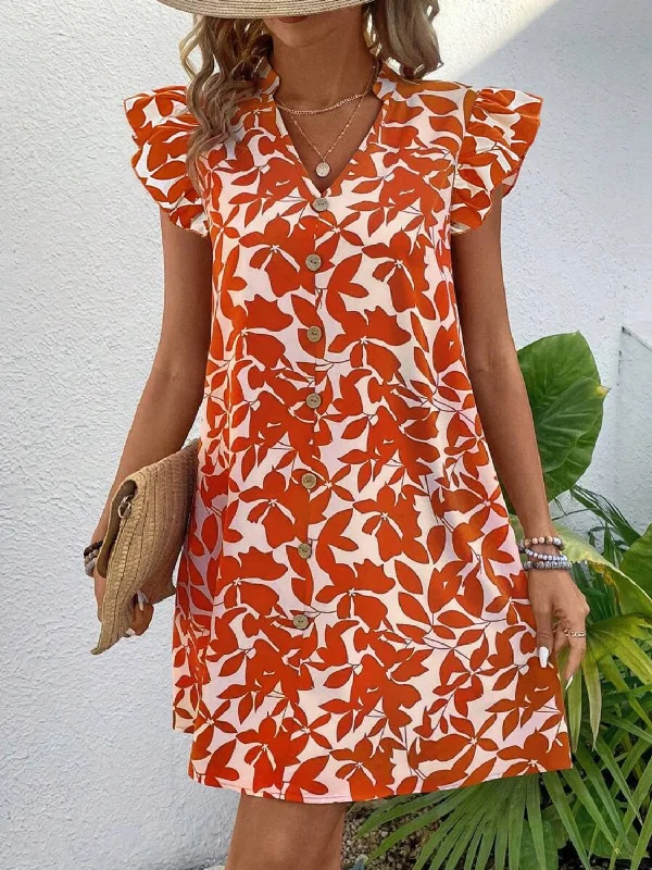 Printed Notched Cap Sleeve Mini Dress Trendy Mesh Mini Dress