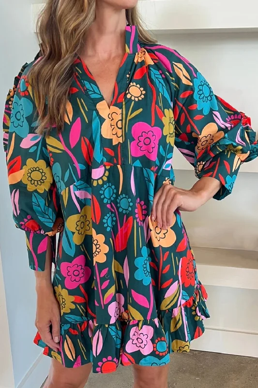 Printed Notched Lantern Sleeve Mini Dress Trendy Tulle Mini Dress