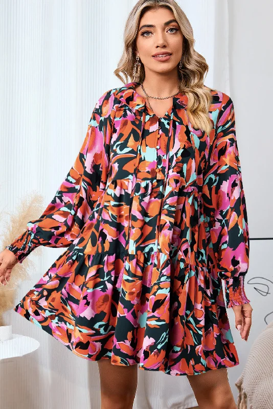 Printed Tie Neck Lantern Sleeve Mini Dress Trendy Mini Dress with Belt