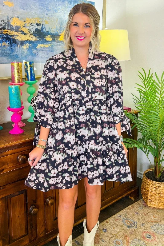 Raining Flowers Mini Dress - Black Cozy Sweater Mini Dress