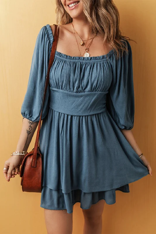 Real Teal Frilled Neckline 3/4 Sleeve Layered Ruched Mini Dress Comfortable Smocked Mini Dress Real Teal Frilled Neckline 3/4 Sleeve Layered Ruched Mini Dress Comfortable Smocked Mini Dress