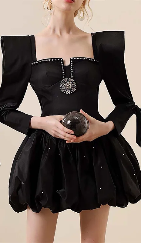 RHINESTONE HEM MINI DRESS IN BLACK Comfortable Wrap Mini Dress