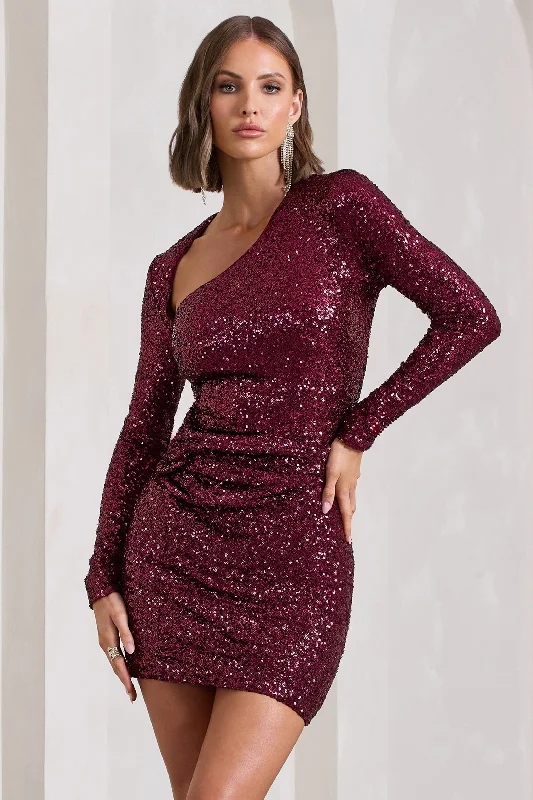 Rising Star | Burgundy Sequin Long-Sleeved Twisted Mini Dress Comfortable Casual Mini Dress