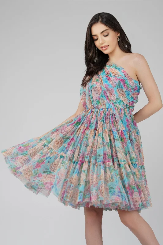 Roka Floral One Shoulder Mini Dress in Blue Comfortable Fit-and-Flare Mini Dress