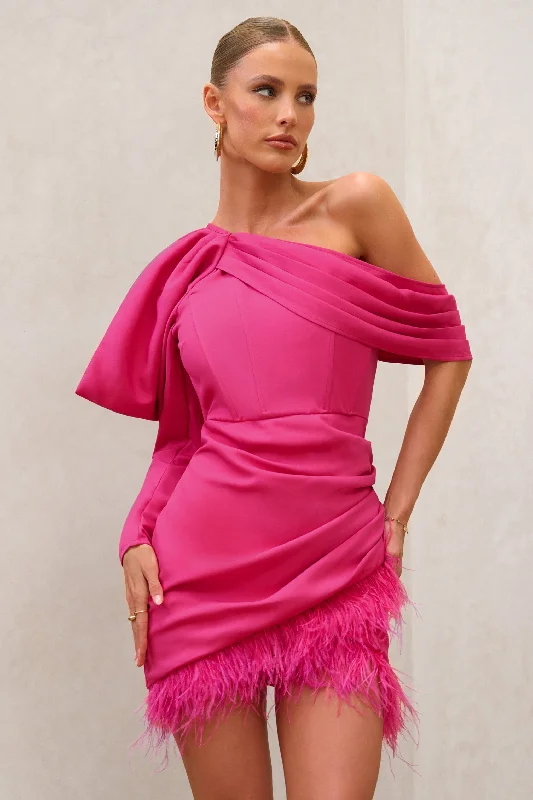 RSVP | Hot Pink Asymmetric Volume Sleeve Draped Feather Mini Dress Comfortable Off-Shoulder Mini Dress RSVP | Hot Pink Asymmetric Volume Sleeve Draped Feather Mini Dress Comfortable Off-Shoulder Mini Dress