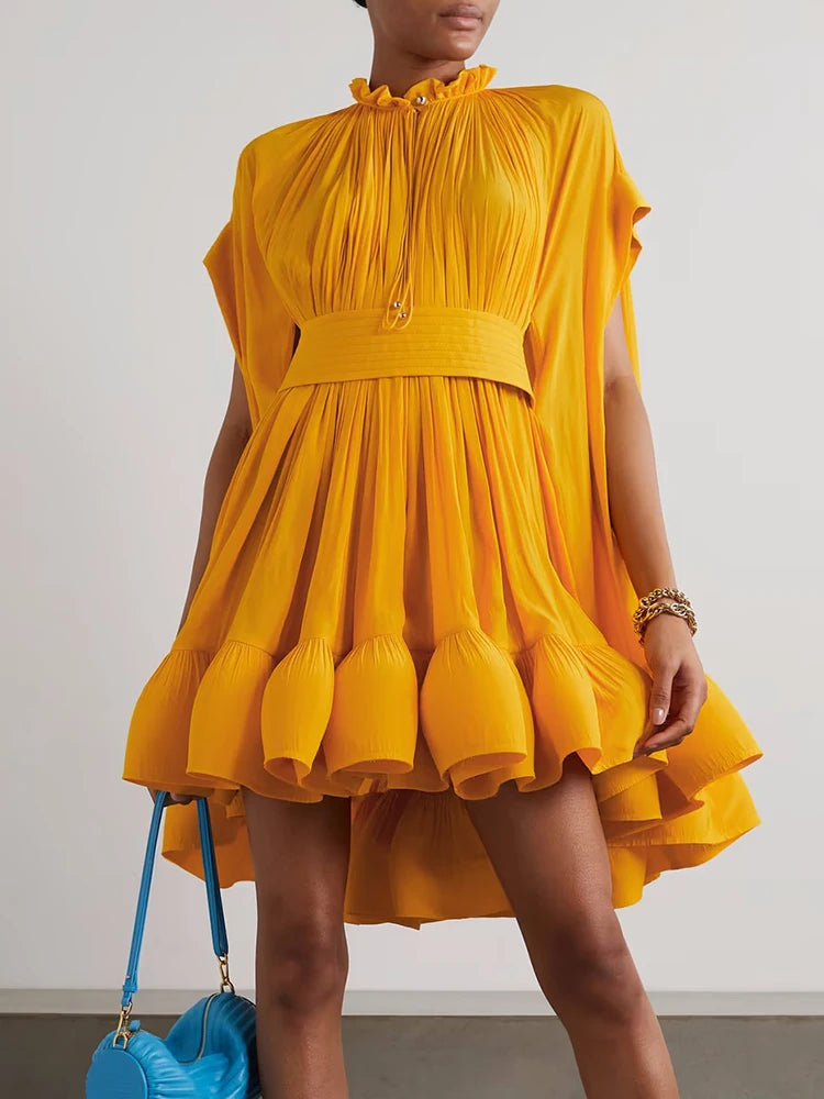 Ruffled Pleated Asymmetrical Mini Dress Stylish Sweetheart Neck Mini Dress