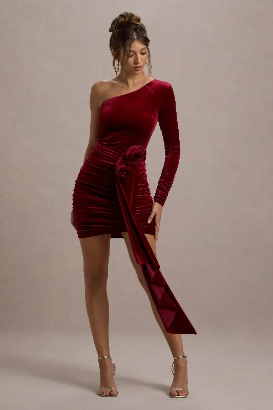 Saint Moritz | Berry Velvet One Sleeve Mini Dress With Flower Drape Comfortable One-Shoulder Mini Dress