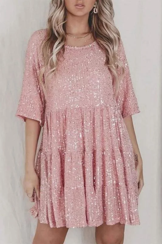SEQUIN 1 2 SLEEVES MINI DRESS Fashionable Off-Shoulder Mini Dress