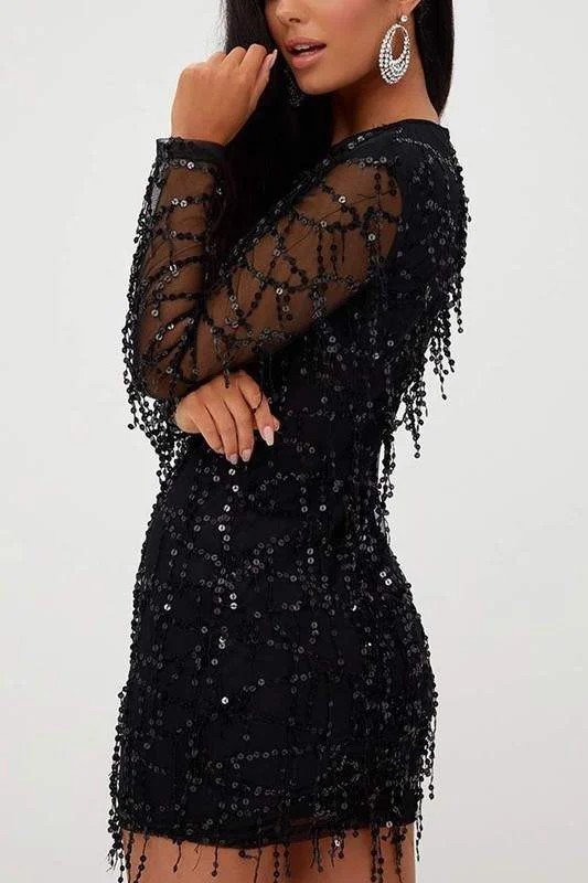 SEQUIN SHEER FRINGE MINI DRESS Elegant Tulle Mini Dress