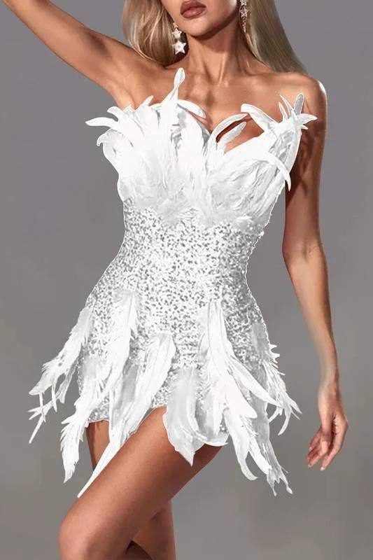 SEQUINS FEATHER MINI DRESS Comfortable Polka Dot Mini Dress