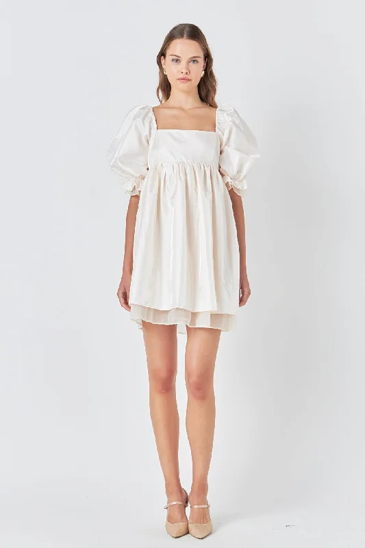 Endless Rose - Shiny Puff Sleeve Mini Dress Trendy Button-Detail Mini Dress